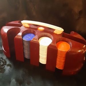 Art Deco BAKELITE POKER CHIP CADDY + Wooden 4 Leaf  Clover Chips